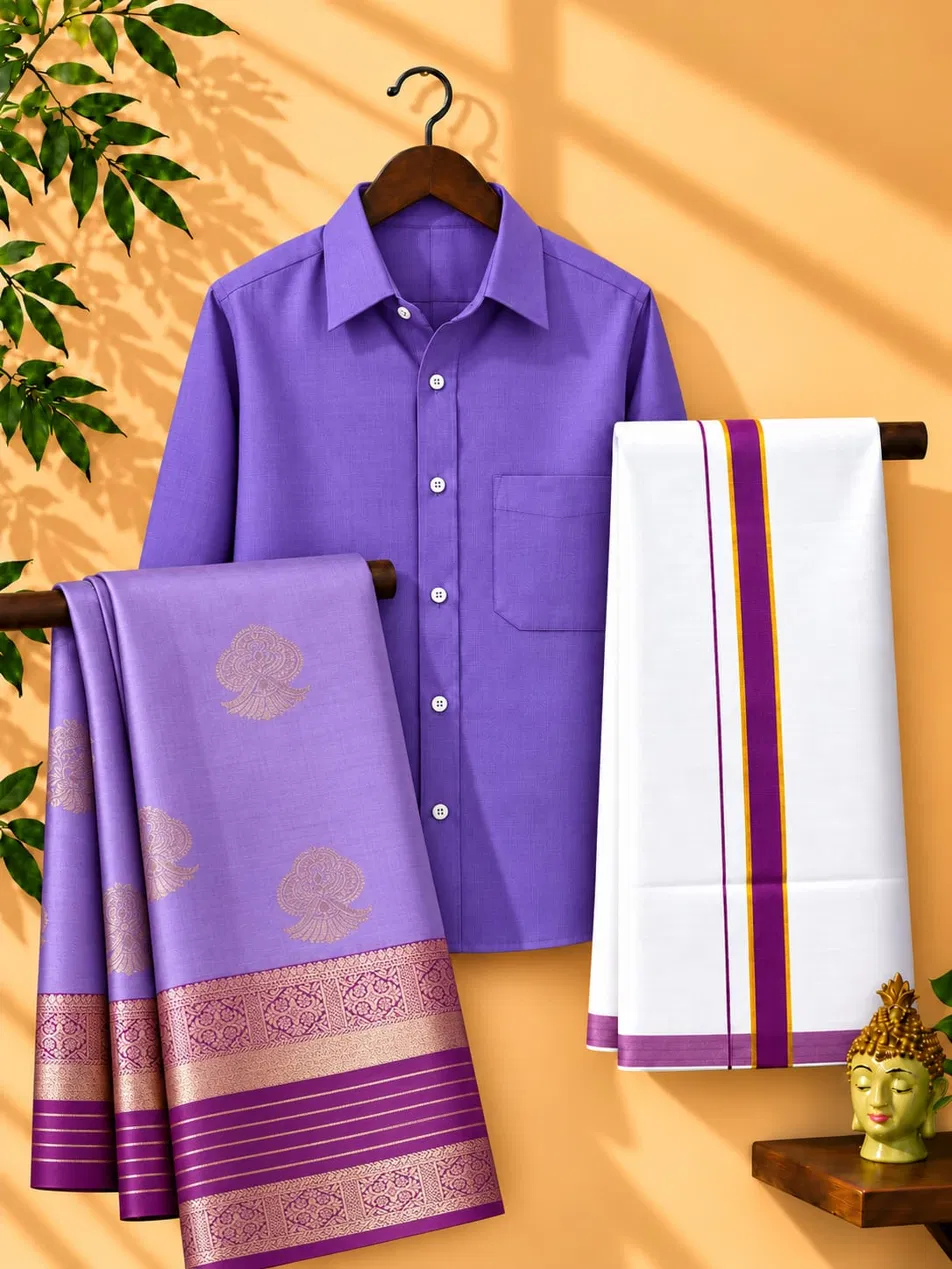 Lavender Purple Copper Zari Stripe Border Couple Combo Set